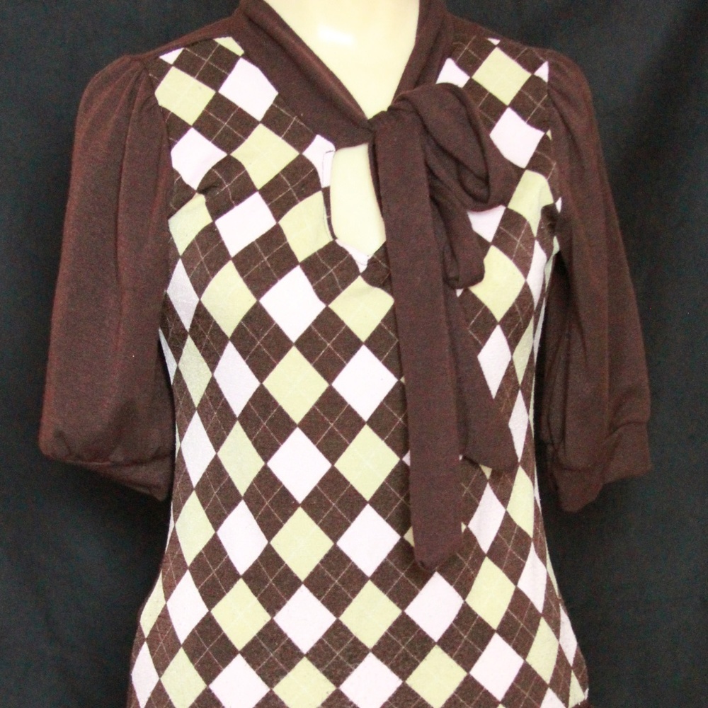 Argyle Dress Size S - Brown Pink Yellow Mod